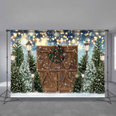 Aperturee - Wood Door Pine Tree Snowy Lights Xmas Backdrop